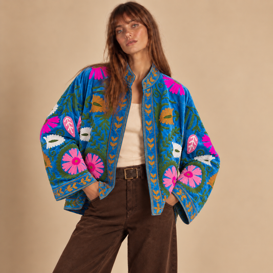 Jaqueta Suzani Azul bordada de veludo boho: algodão Kantha costurado à mão