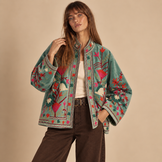 Jaqueta Suzani bordada à mão em veludo, sob encomenda, estilo boho com estampa floral.