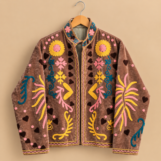 Jaqueta Suzani Marrom Bordada de Veludo Floral: Boho, Forro de Algodão Costurado à Mão