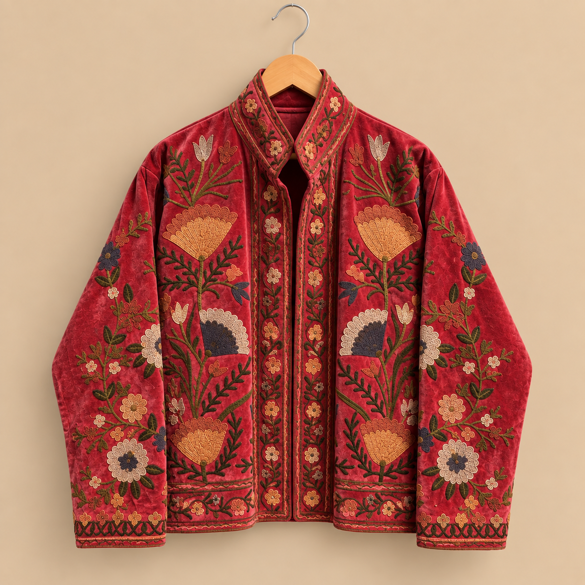 Jaqueta de veludo vermelho Suzani bordada: casaco de inverno de algodão floral boho