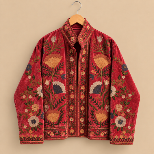 Jaqueta de veludo vermelho Suzani bordada: casaco de inverno de algodão floral boho