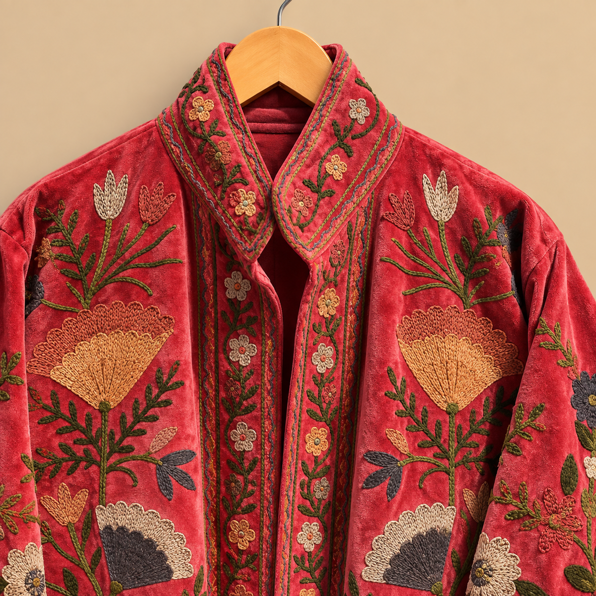 Jaqueta de veludo vermelho Suzani bordada: casaco de inverno de algodão floral boho