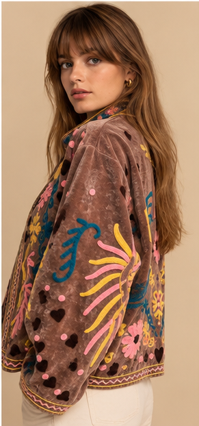 Jaqueta Suzani Marrom Bordada de Veludo Floral: Boho, Forro de Algodão Costurado à Mão