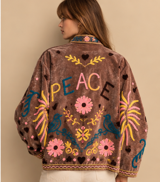 Jaqueta Suzani Marrom Bordada de Veludo Floral: Boho, Forro de Algodão Costurado à Mão