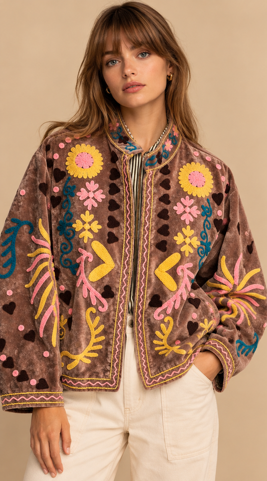 Jaqueta Suzani Marrom Bordada de Veludo Floral: Boho, Forro de Algodão Costurado à Mão