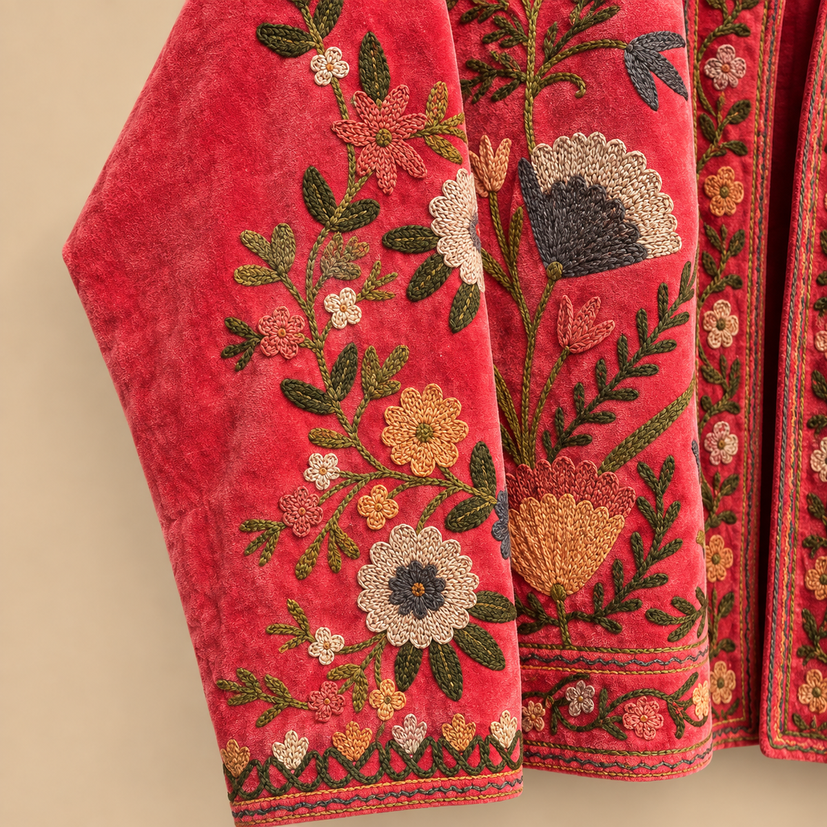 Jaqueta de veludo vermelho Suzani bordada: casaco de inverno de algodão floral boho