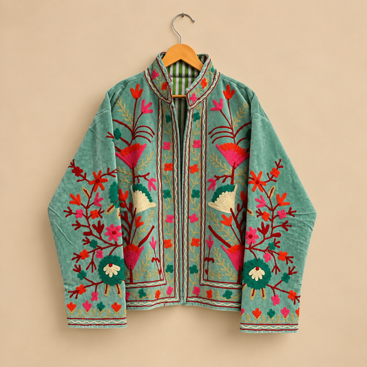 Jaqueta Suzani bordada à mão em veludo, sob encomenda, estilo boho com estampa floral.